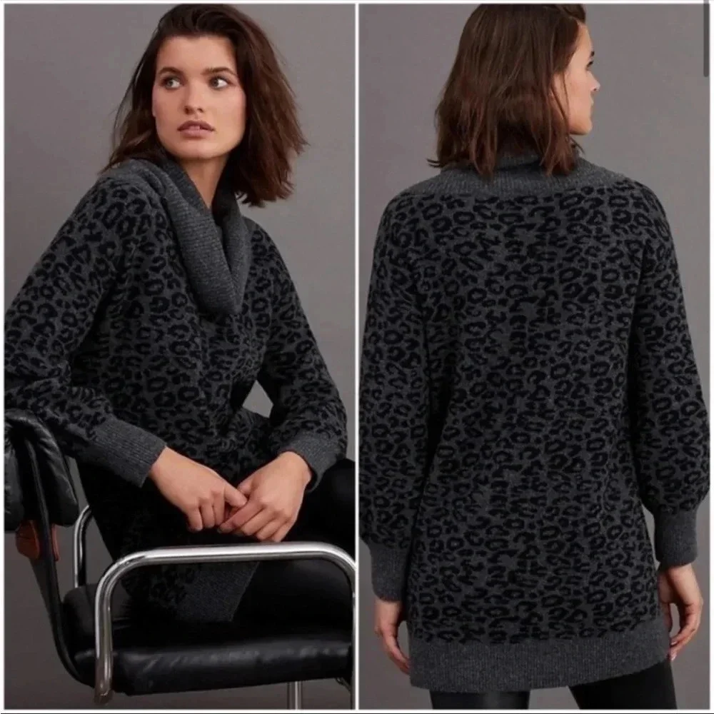 Anthropologie Emmy Cowl Neck Sweater Long Sleeve Cheetah Gray Black Cozy Size S